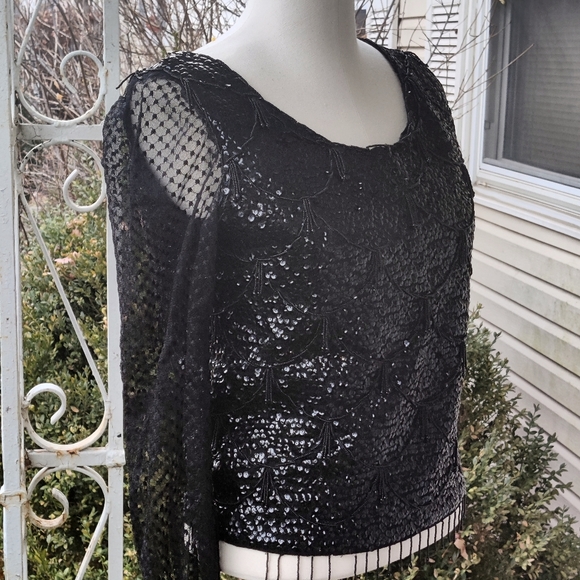 🤩BOGOFREE🤩 Size small 80s glam lace beads sequin long sleeve top - Picture 2 of 12